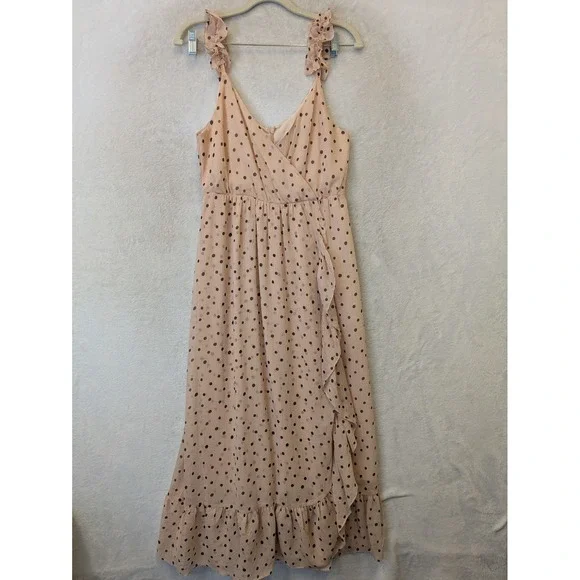 Madewell Maxi Dress Women's 6 Pink Polka Dot Ruffle Faux Wrap Lined V-Neck Zip - Picture 1 of 11